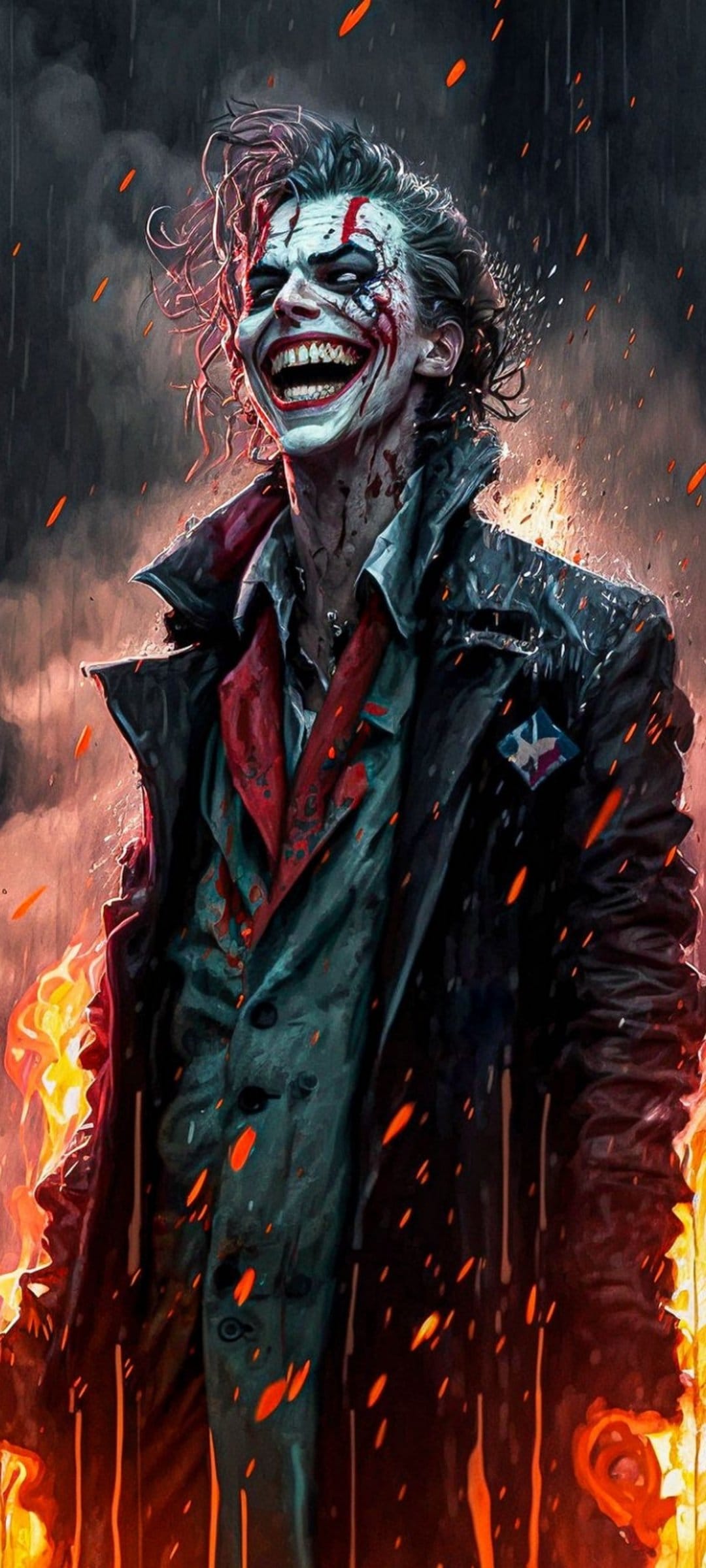 The Joker laughs hysterically with smudged makeup and blood splatters while rain and fire fall behind him.