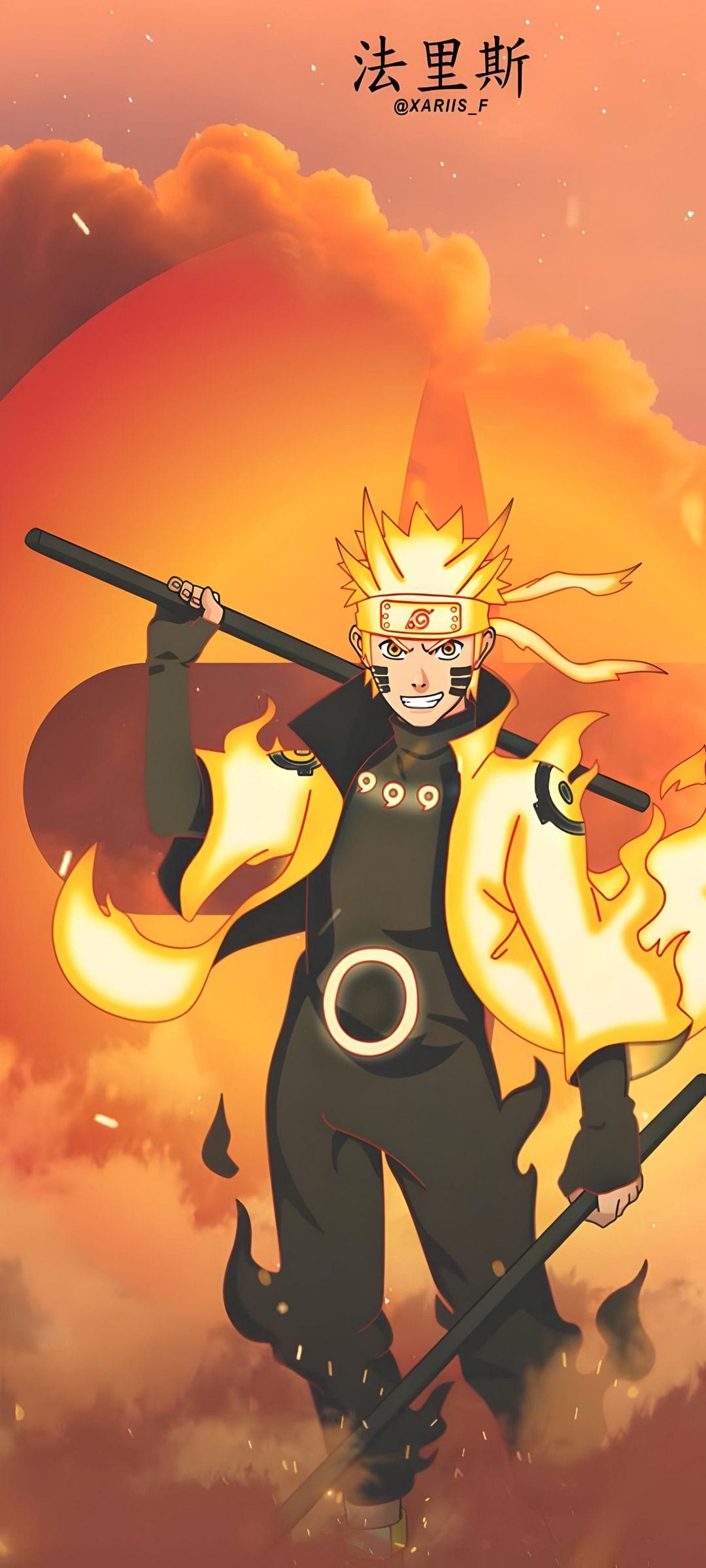 Naruto Uzumaki in Six Paths Sage Mode with a glowing orange cloak, holding a black staff amidst fiery sparks.