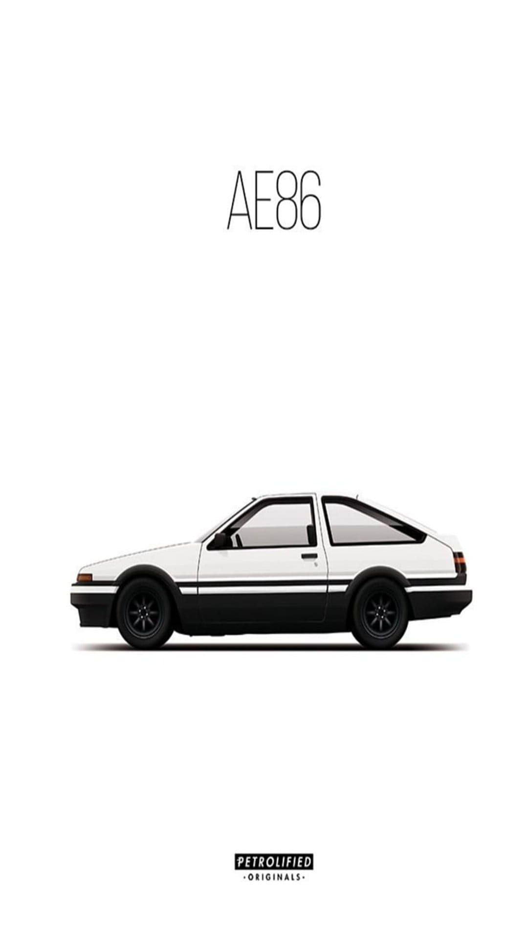 Toyota AE86 Hachi-Roku sports car in white and black minimalist poster style with Petrolified logo and text.