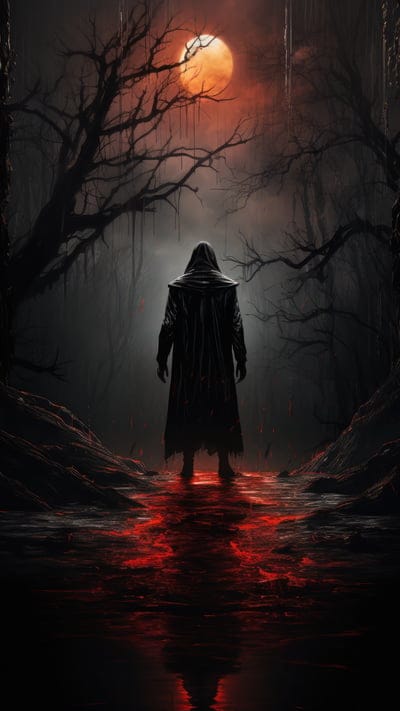 silhouette,cloak,hood,full moon,night,art