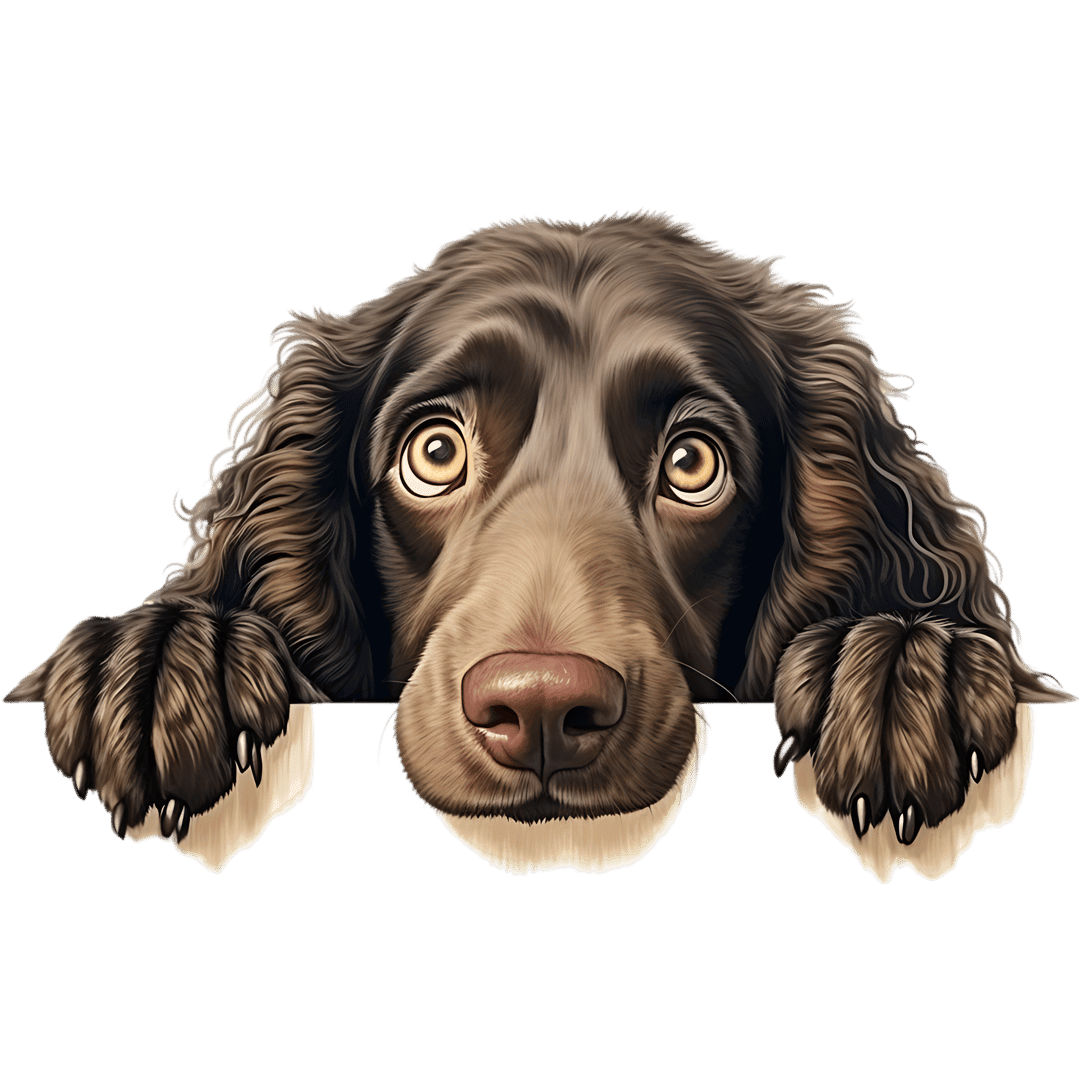 Brown dog peeking over edge displays detailed fur texture and large golden eyes against a black background.
