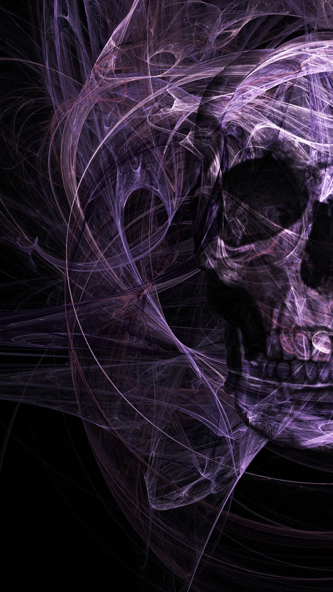 Translucent purple skull made of glowing fractal patterns and wispy light against a solid black background.