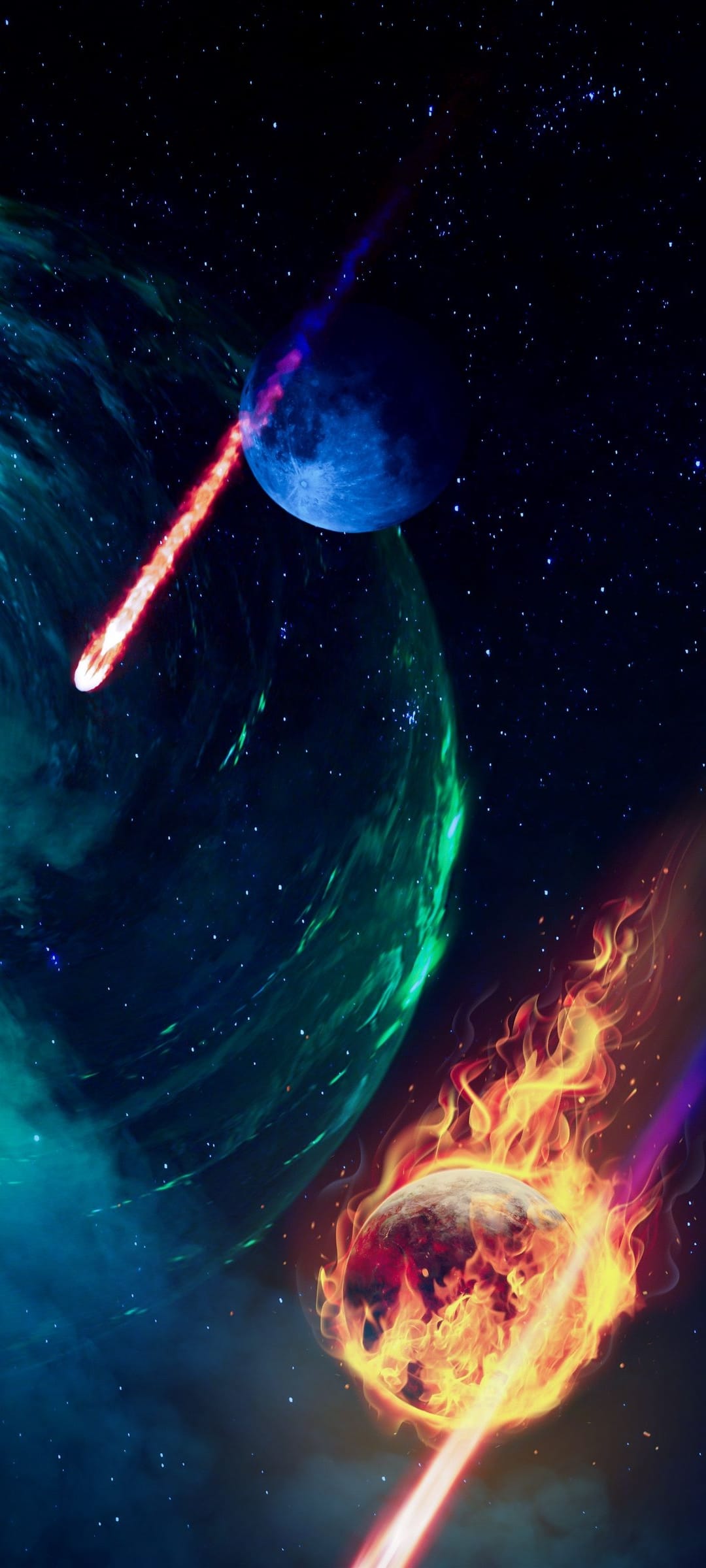 Two planets collide amidst a green nebula, creating a massive orange fire trail against a dark starry background.