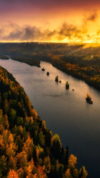 Autumn, River, Forest, Landscape, Sunset, Nature, Fall Colors, Golden Hour, Water, Trees, Scenic, Islands, Outdoors, Beautiful, Peaceful, Vibrant, Aerial View, Tranquil, Seasonal, Wilderness