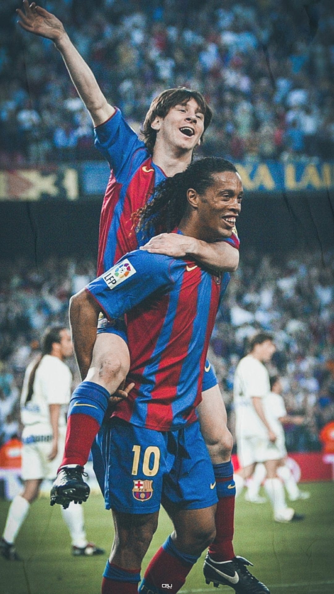 Ronaldinho carries young Lionel Messi on his back while wearing red and blue striped Barcelona soccer jerseys.