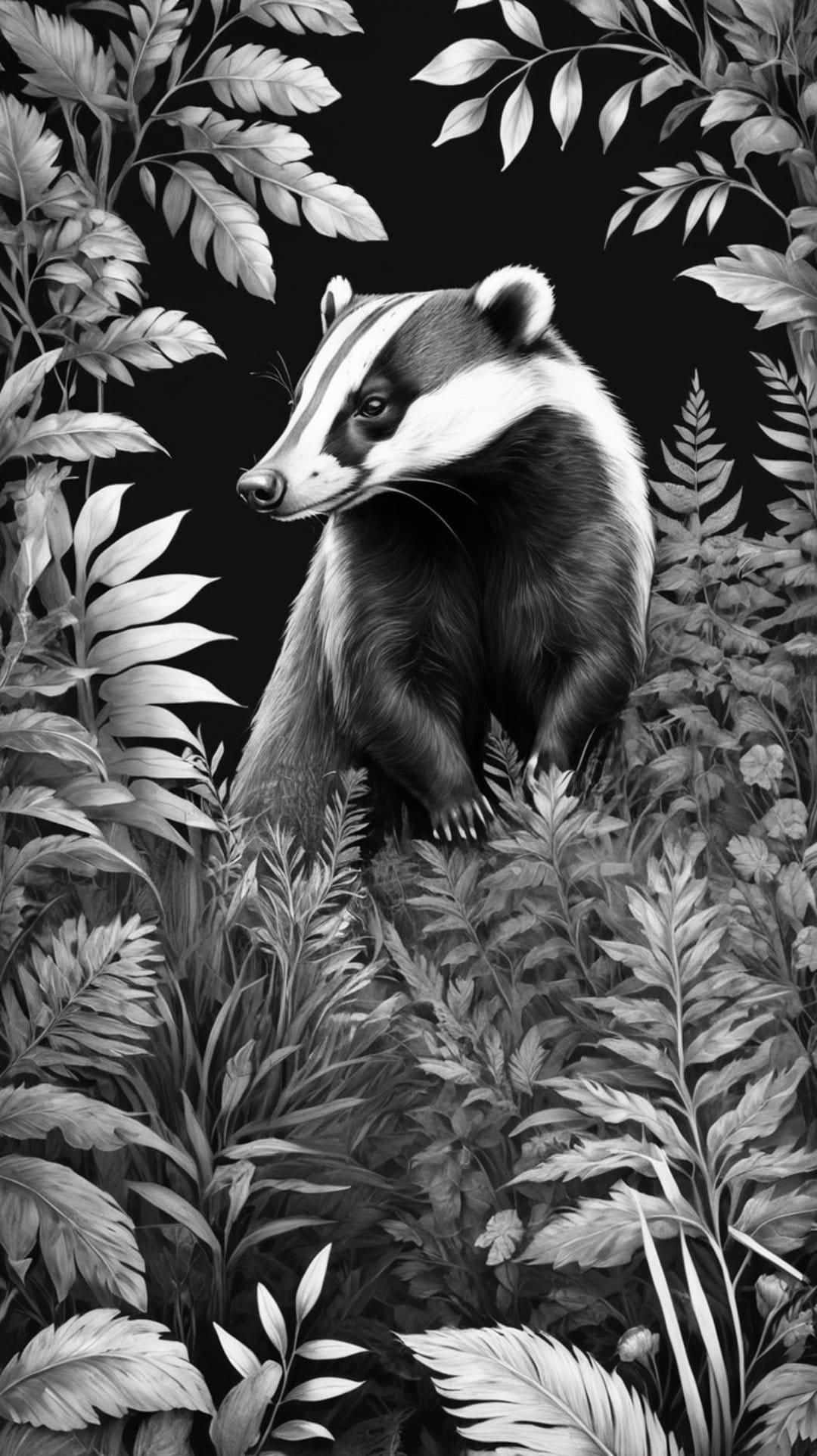 Badger with distinct facial stripes peeks through detailed fern leaves and dense foliage in a monochrome style.