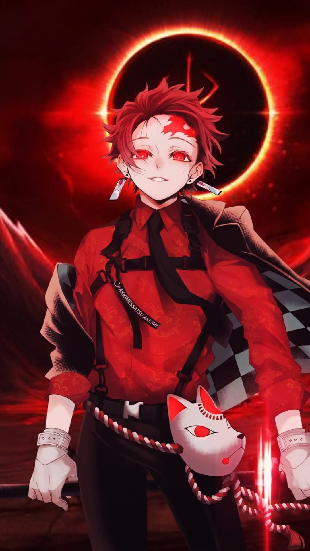 Red-eyed anime character in a checkered cape with a fox mask against a fiery red sky and a ringed moon.