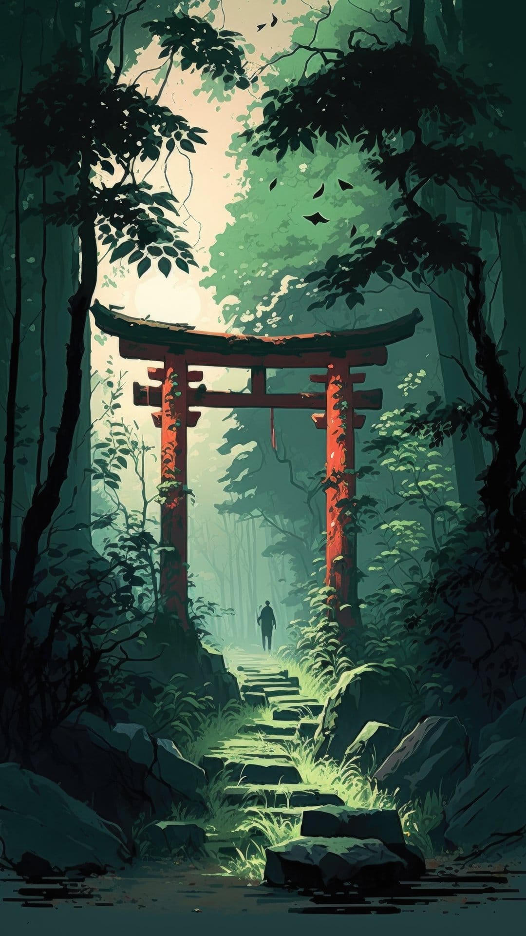 Solitary figure walks up stone steps toward a red Torii gate in a misty forest under soft sunbeams.