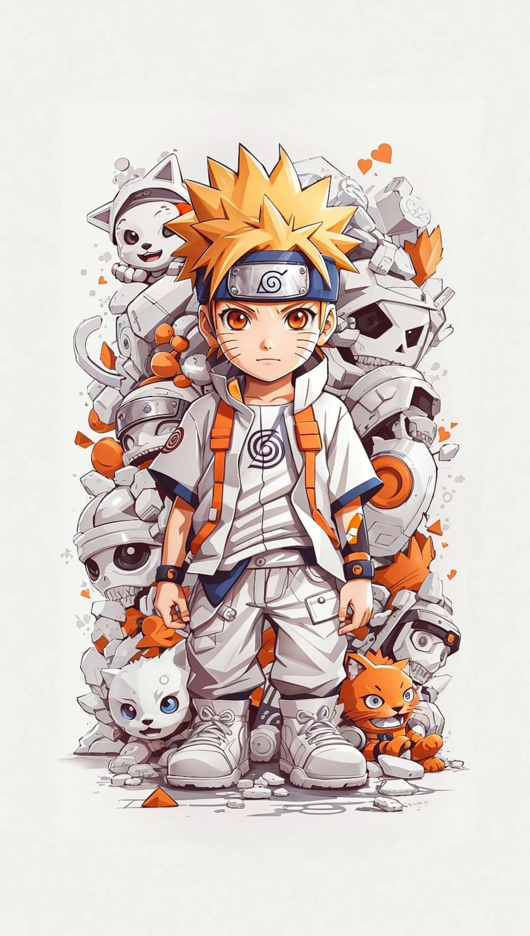 Naruto Uzumaki standing amidst stylized mechanical robots and small kittens against a colorful backdrop.