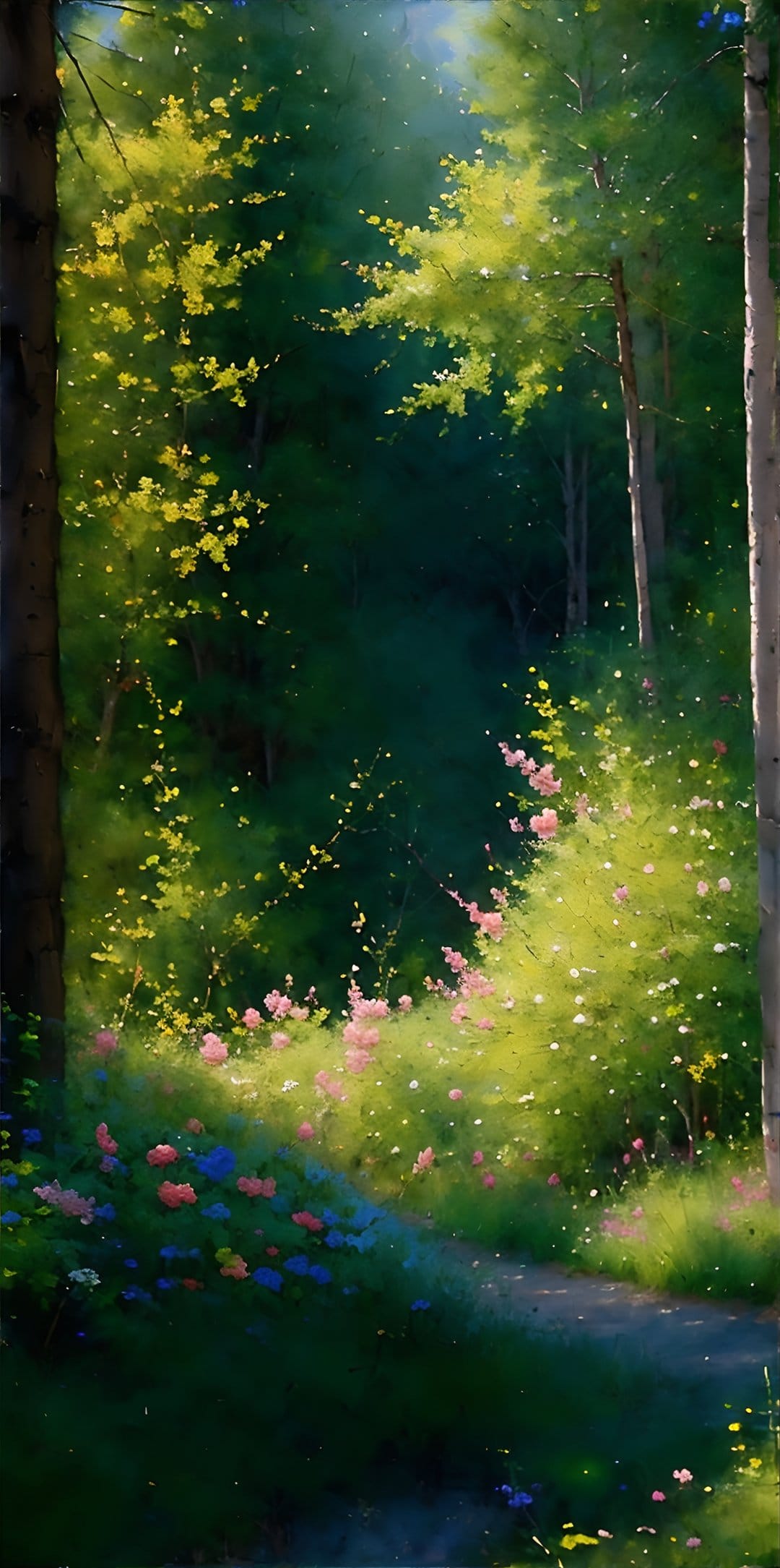 Winding forest path lined with pink and blue wildflowers under soft golden sunlight filtering through trees.