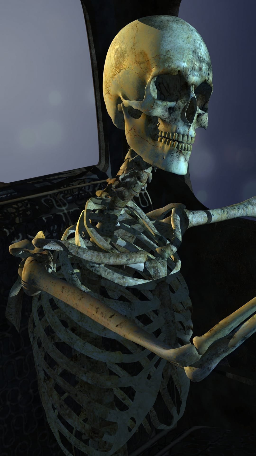 Skeleton in the driver seat of a car at dusk with visible skull and ribcage details against dark shadows.