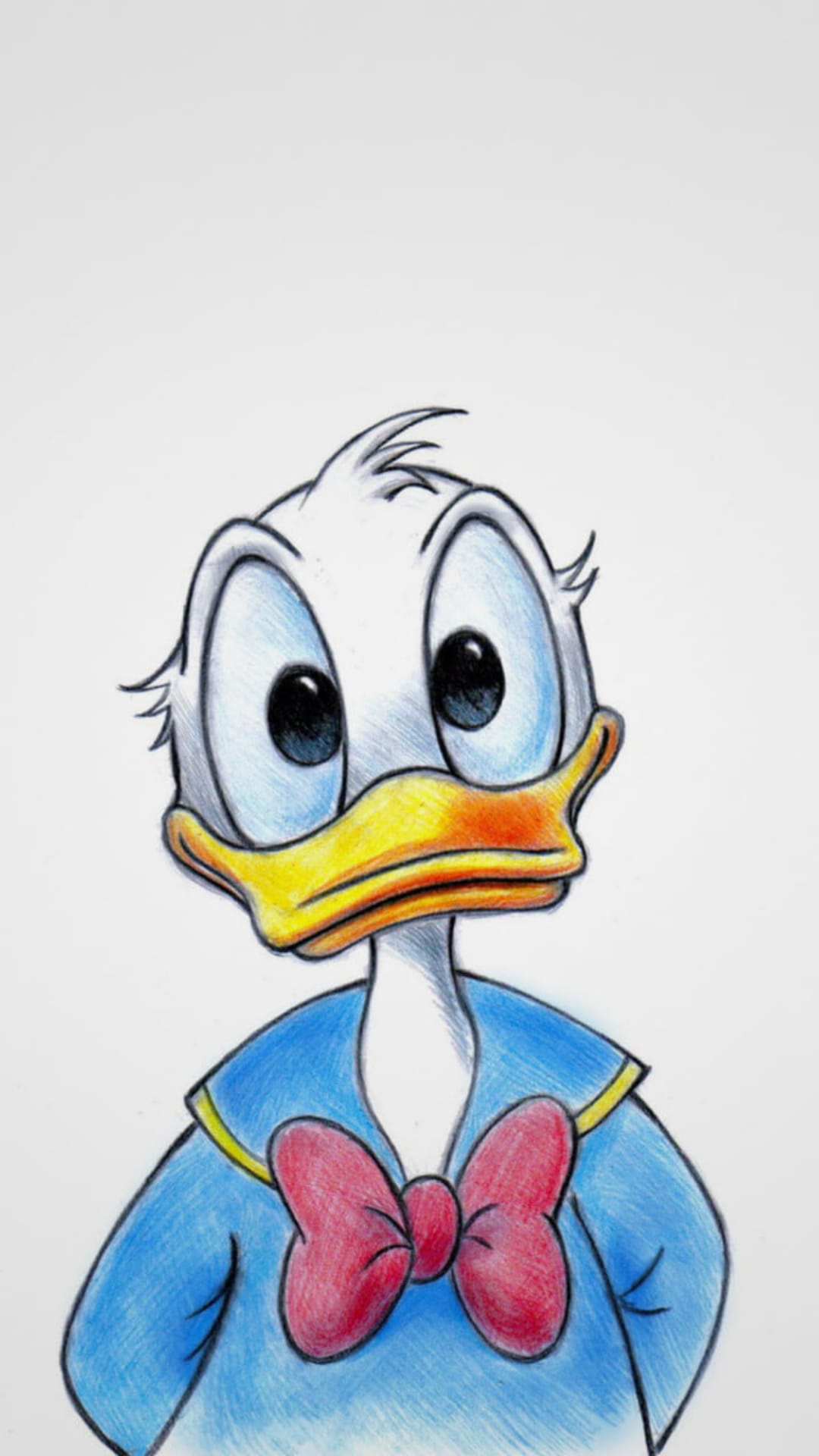 Donald Duck wears a blue sailor cap and red bowtie while looking forward with wide, expressive eyes.