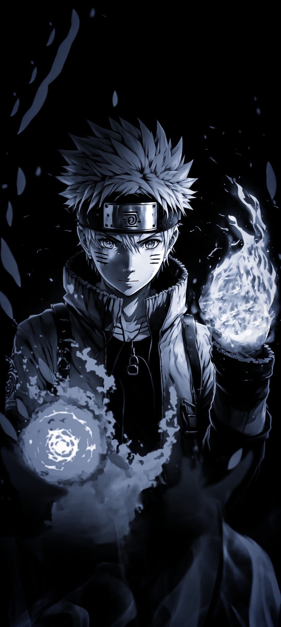 Naruto Uzumaki with blonde spiky hair surrounded by swirling blue energy flames in a dark, atmospheric setting.