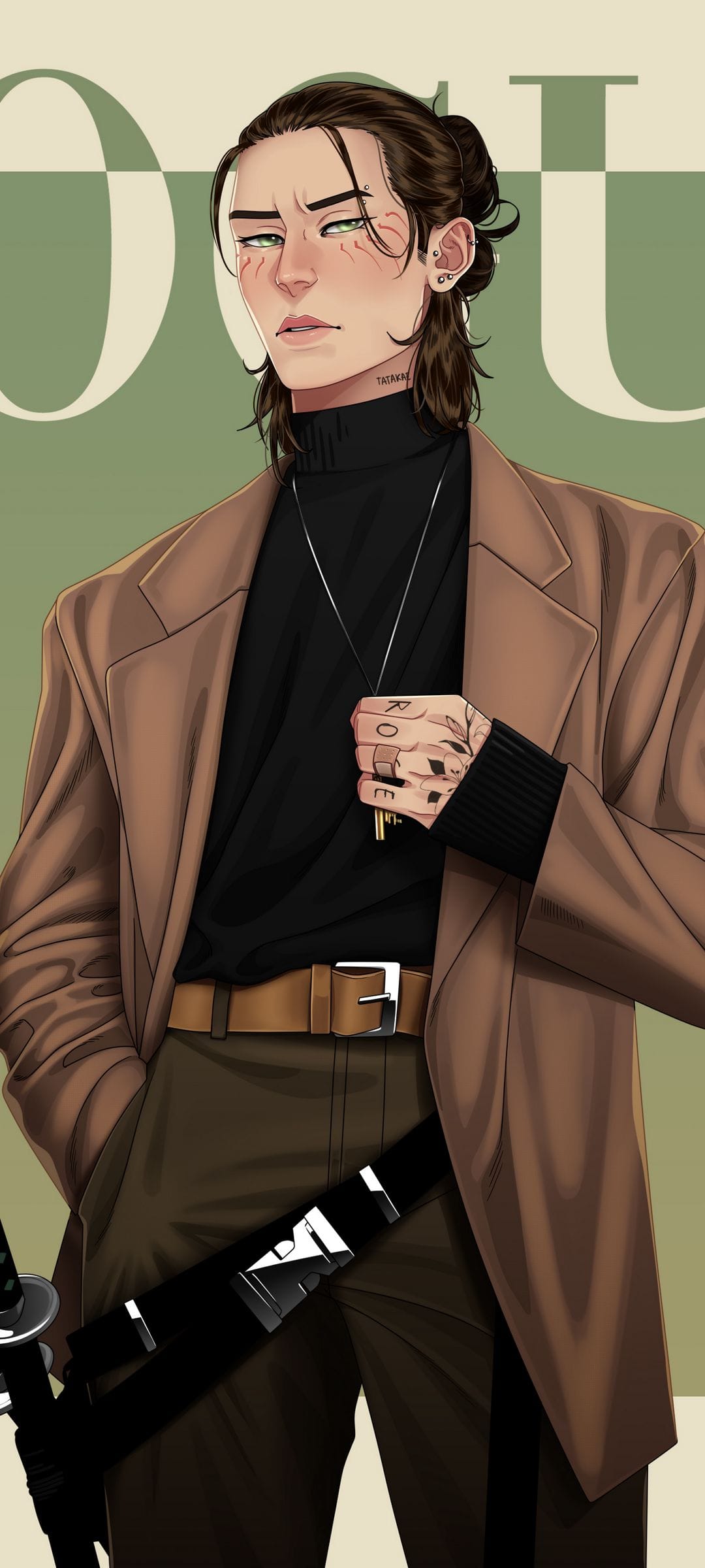 Young man with green eyes and a hair bun wearing a tan blazer, black turtleneck, and a silver key necklace.