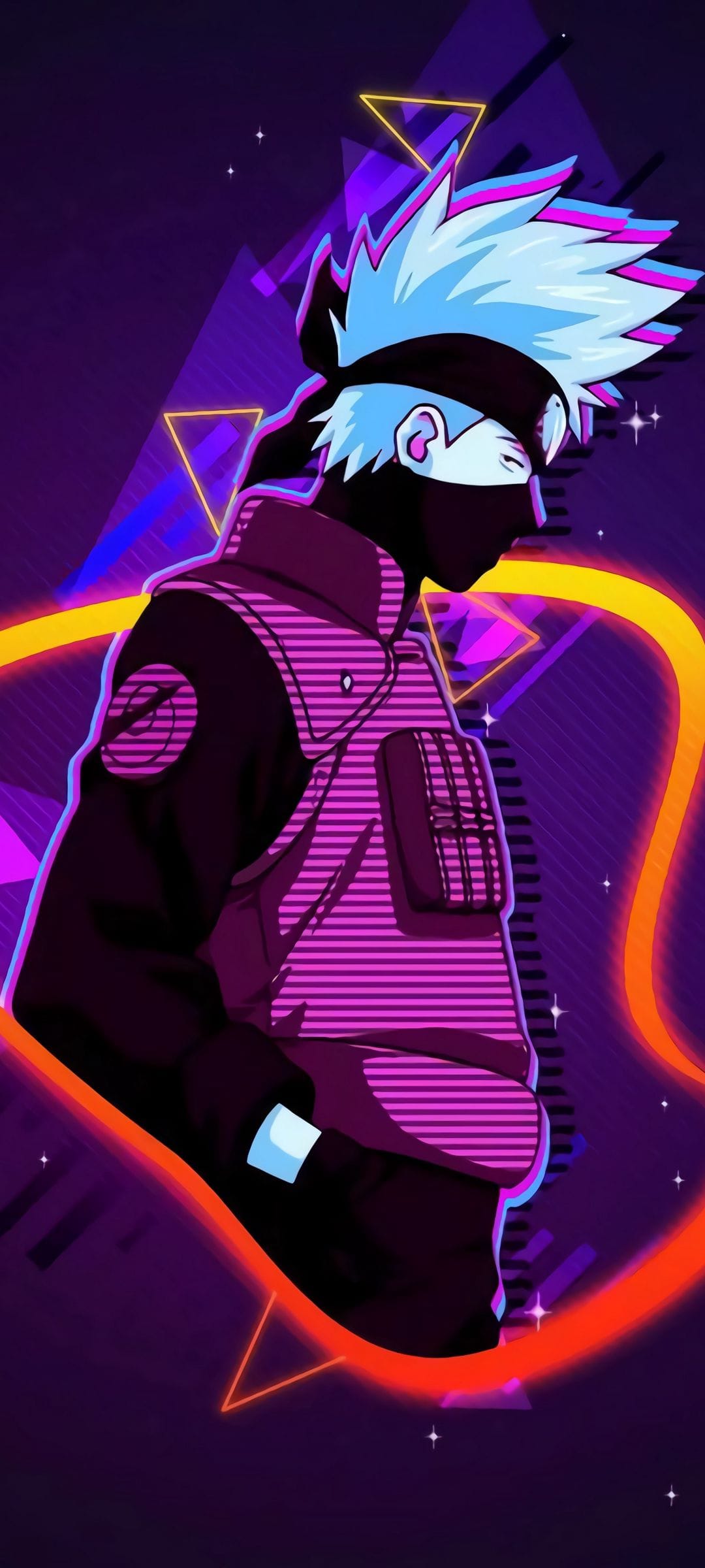 Kakashi Hatake wears his mask and headband under violet light with orange geometric lines in a dark profile view.