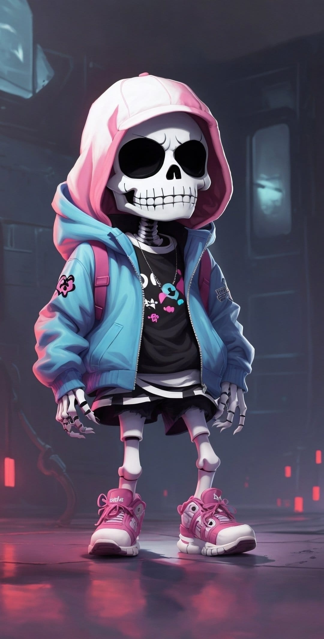 Skeleton boy in a pink hoodie and blue jacket stands in a neon alley wearing checkered shorts and sneakers.