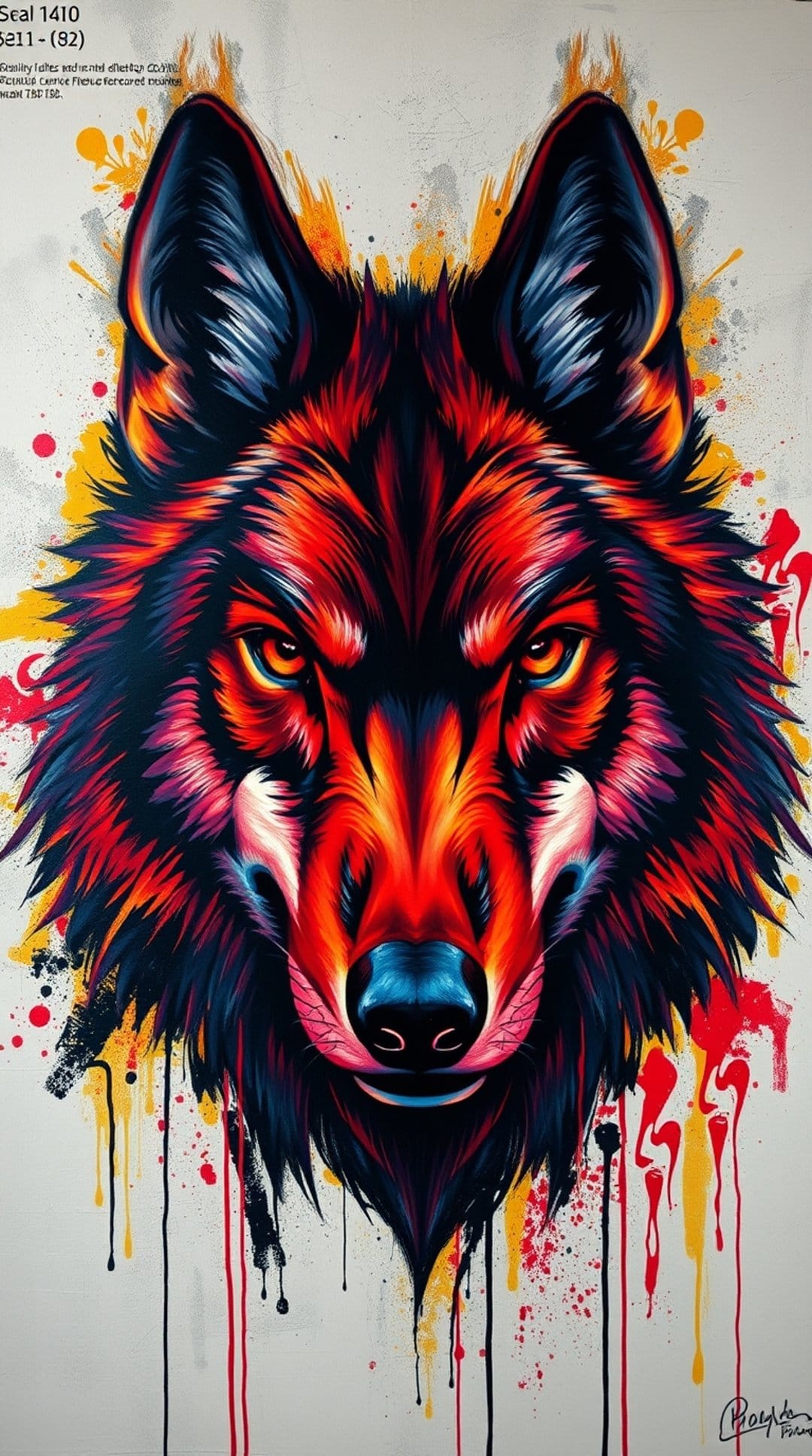 Wolf head with glowing orange eyes and red and blue fur surrounded by vibrant yellow and black paint splatters.