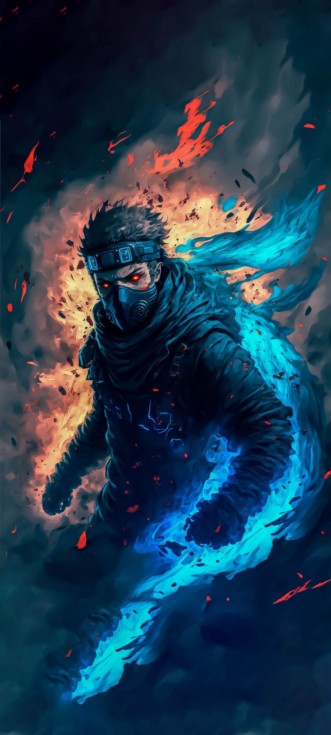 Masked ninja with glowing red eyes stands between swirling orange fire and a bright blue energy aura.