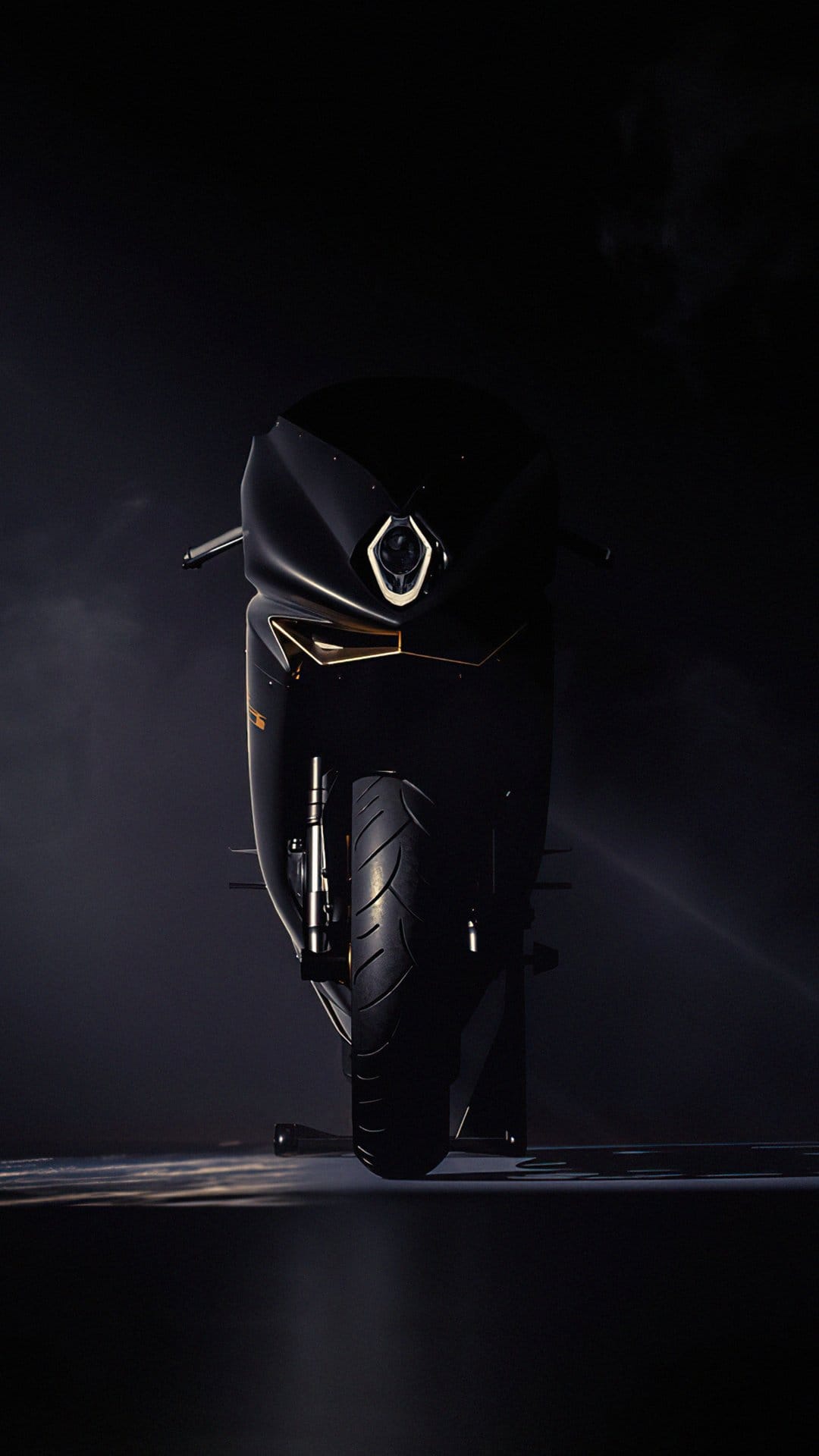 Black sportbike motorcycle with a glowing halo headlight and gold trim against a dark smoky background.