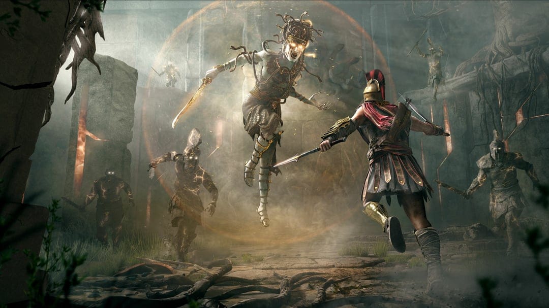 Medusa with glowing eyes and snake hair battles a Spartan warrior in a foggy ancient Greek temple ruin.