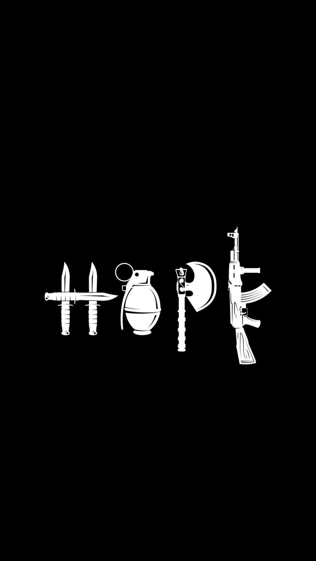 Hope spelled using two daggers, a grenade, an axe, and an assault rifle in white on a solid black background.