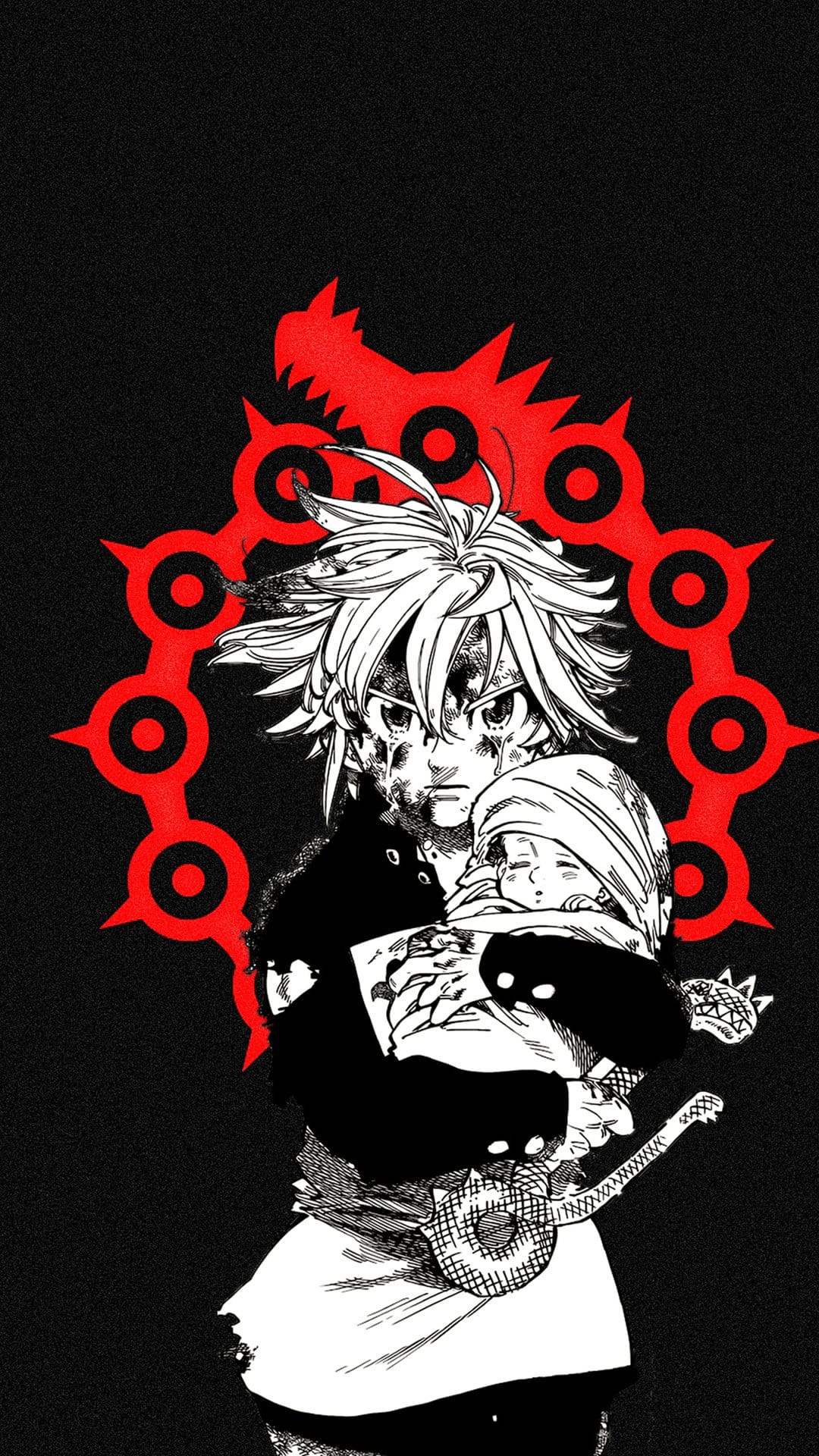 Meliodas holding a sleeping Elizabeth with a red dragon crest behind them on a black speckled background.