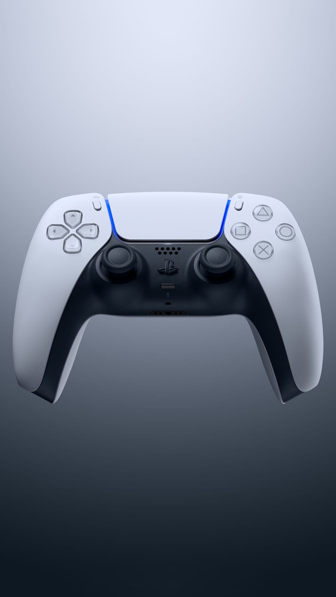 PlayStation 5 DualSense controller shows sleek white and black curves with glowing blue light on a dark surface.