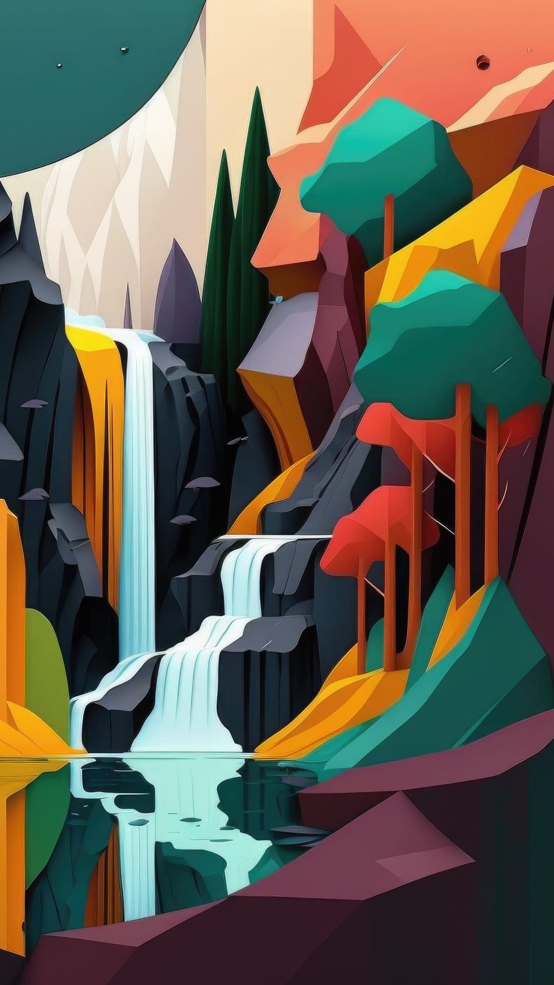 Multi-tiered waterfall flows into a blue pool surrounded by red and teal geometric trees and jagged mountains.
