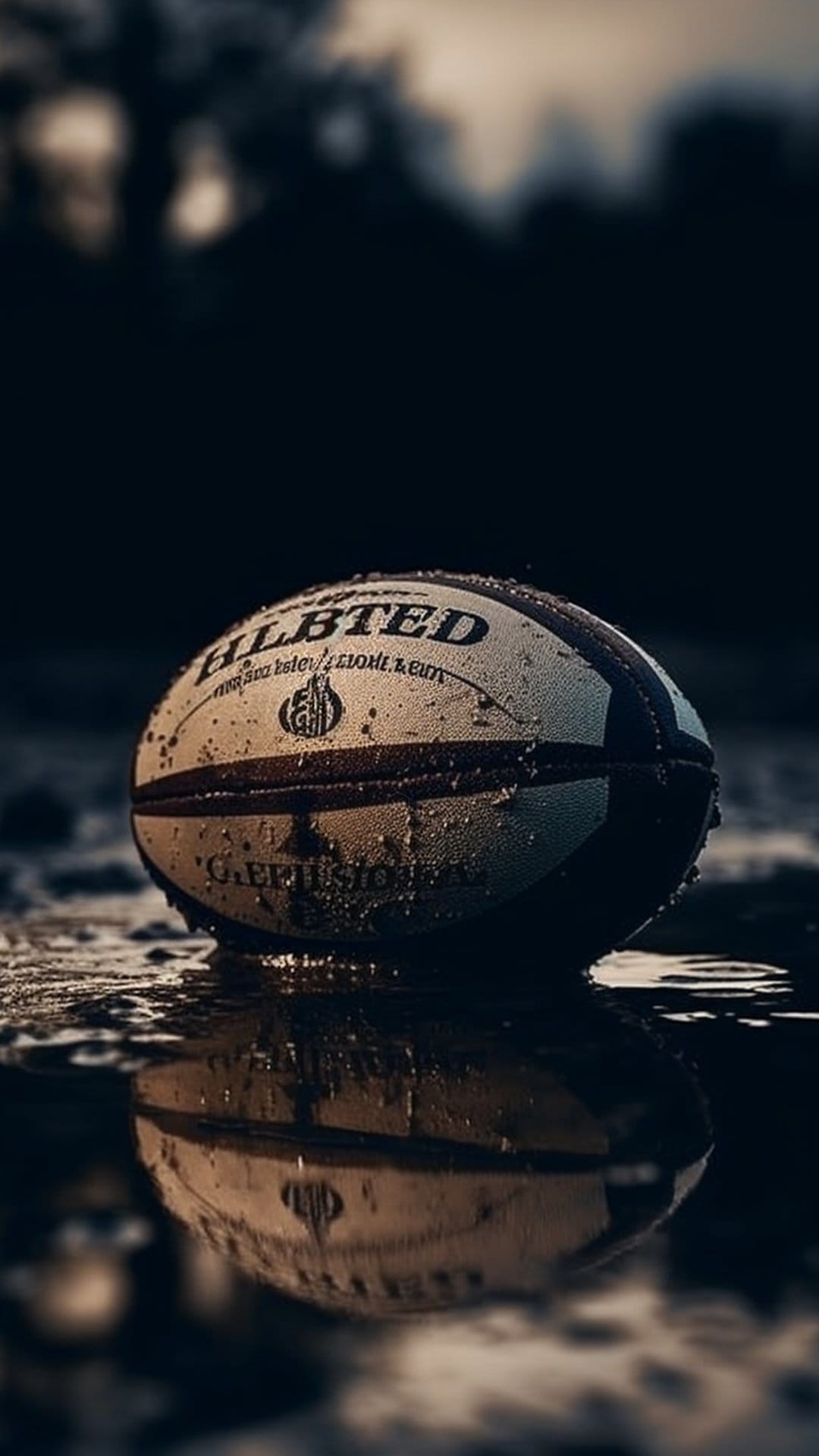Textured rugby ball reflecting in a dark puddle after rain with soft background bokeh and moody lighting.