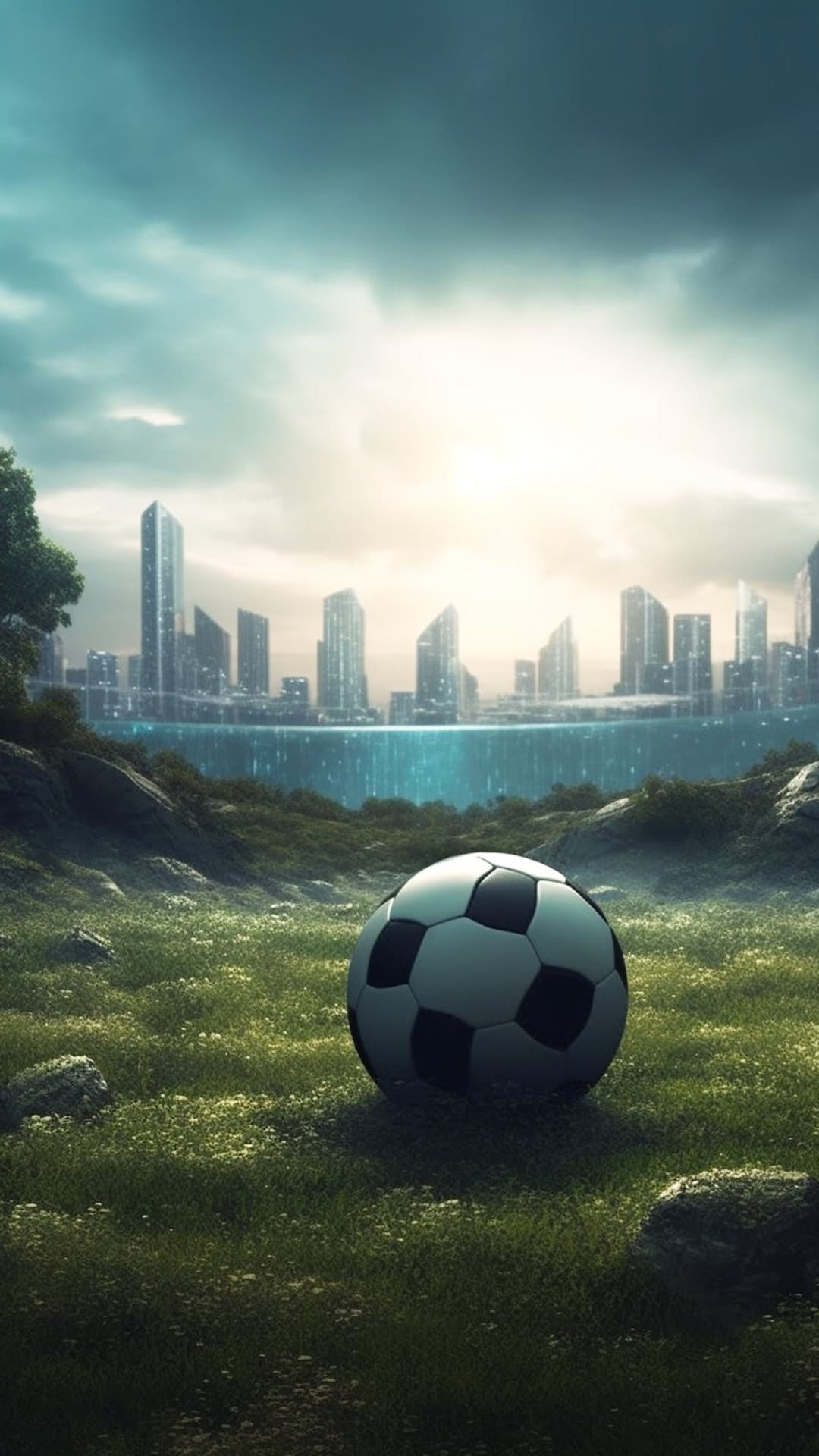 Soccer ball on a grassy hill facing a stormy futuristic city skyline as sunbeams break through dark clouds.