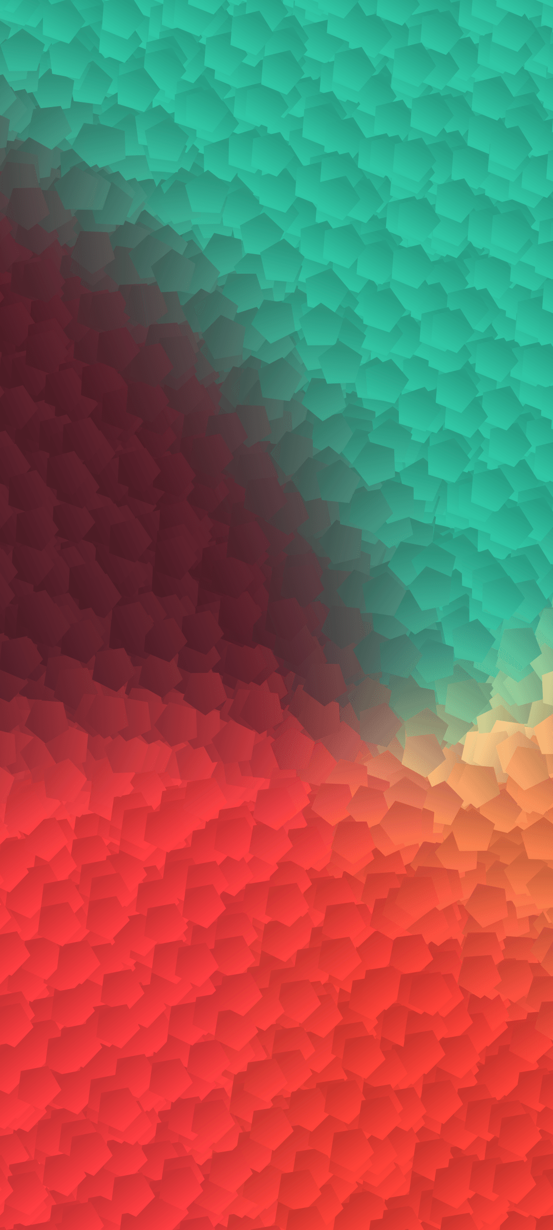 Red and teal hexagonal shapes with a subtle dot texture transition across a vertical mobile display surface.