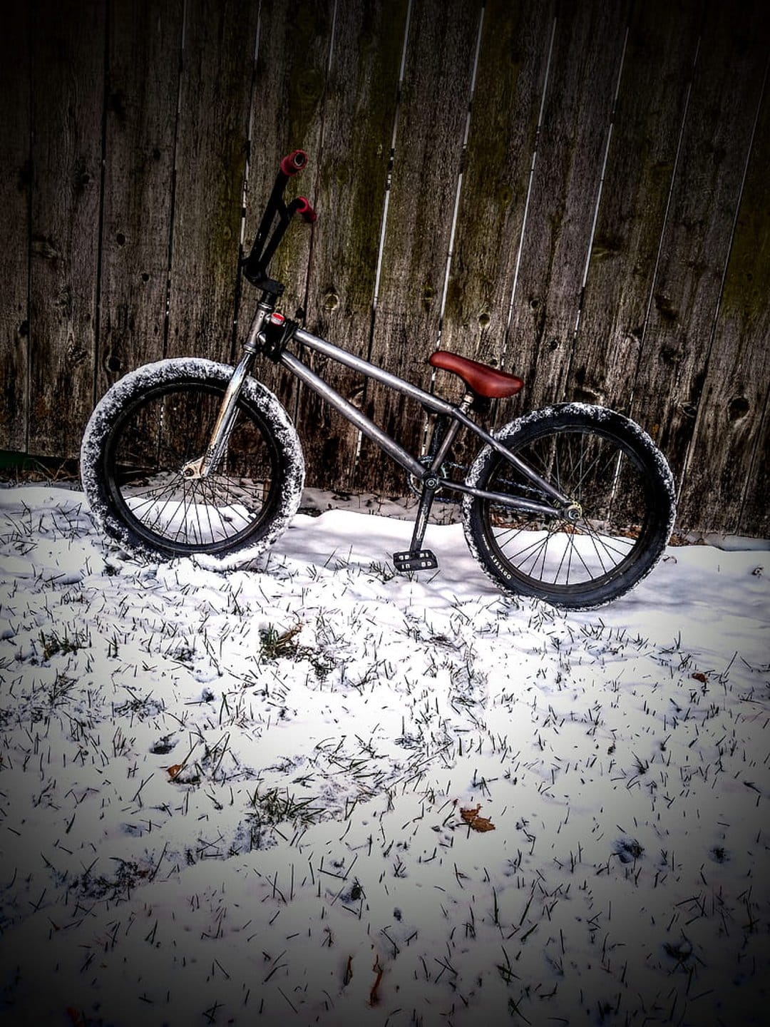 BMX bike with red seat and grips leaning against a weathered wooden fence in a snowy, frosted grass field.