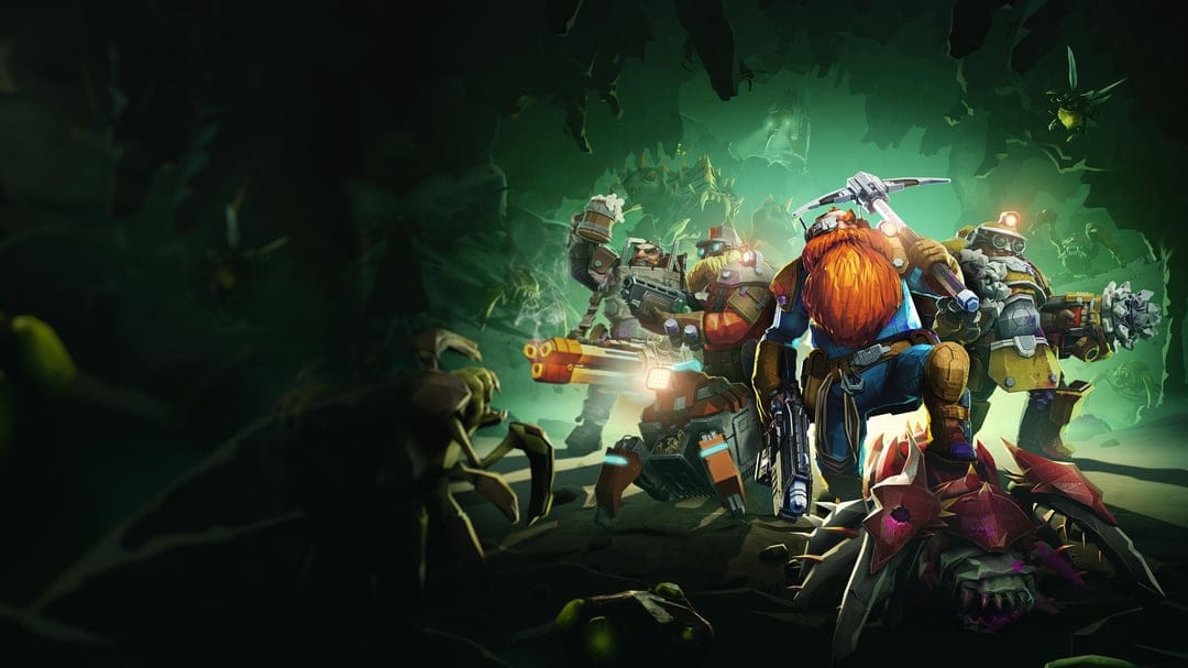 Four armored dwarves with weapons and pickaxes in a glowing green cave standing over defeated insectoid monsters.