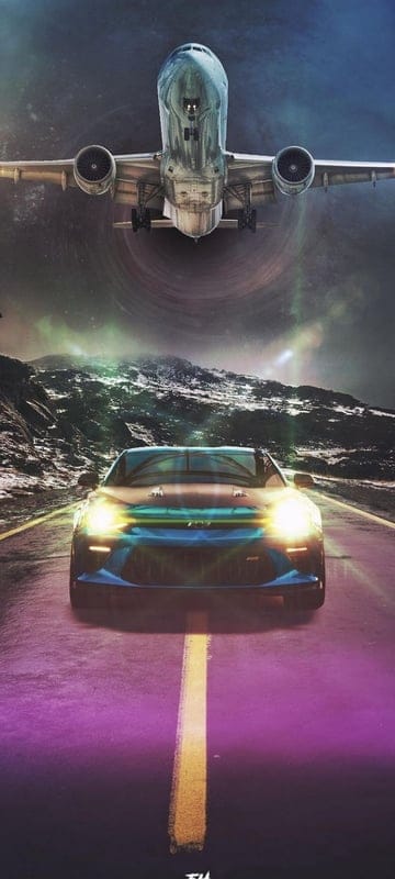 sports car,car,airplane,road,mountains,snow,sky,art