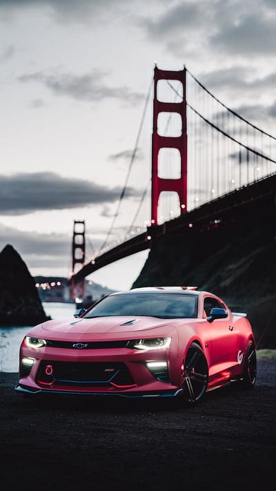 car, vehicle, Golden Gate Bridge, USA, Chevrolet Camaro SS, suspension bridge, red cars, mobile wallpaper, android wallpaper, iPhone wallpaper, phone wallpaper