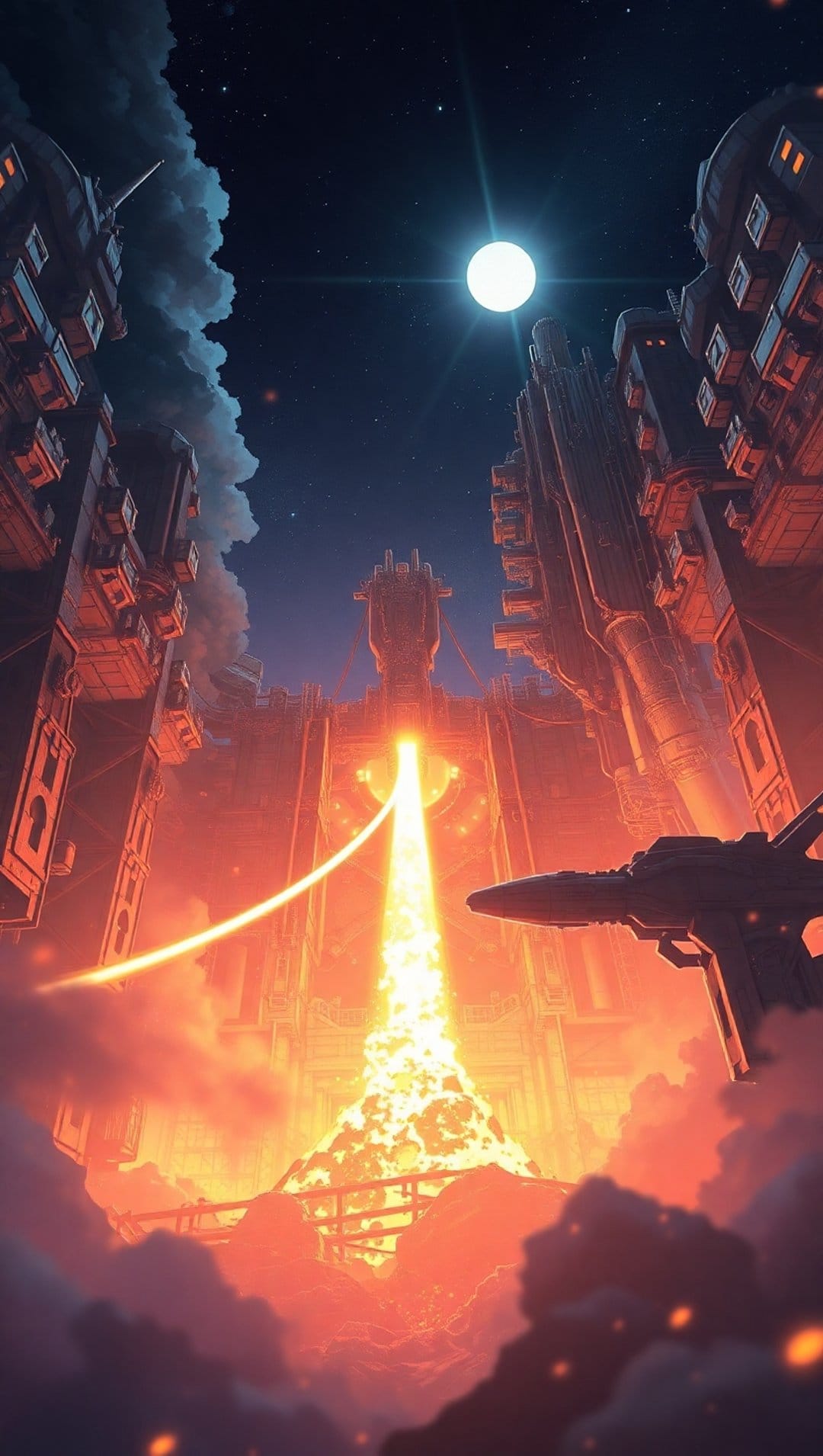 Towering energy beam surges from a futuristic cityscape toward a bright moon and hovering spacecraft in the night.