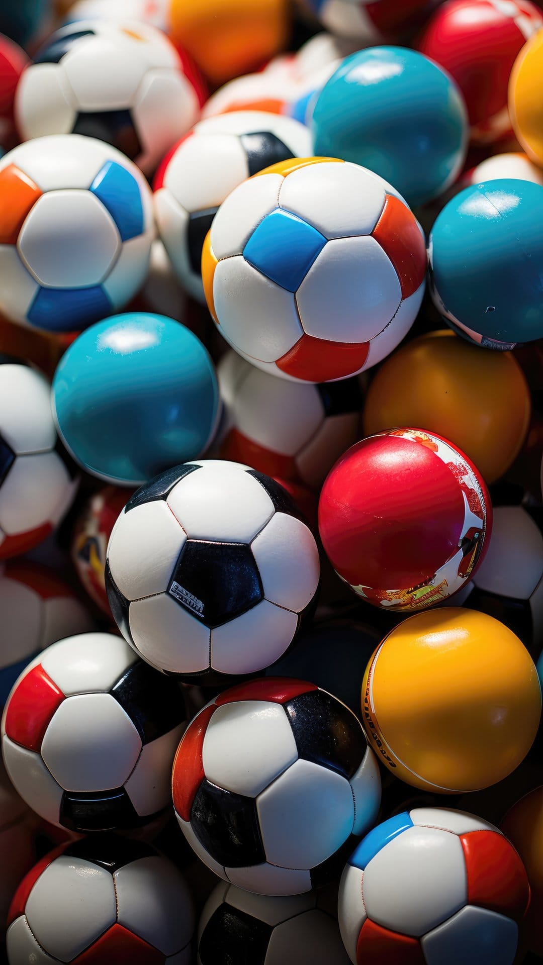Soccer balls and multi-colored spheres packed tightly in an overhead view featuring black, white, and red tones.
