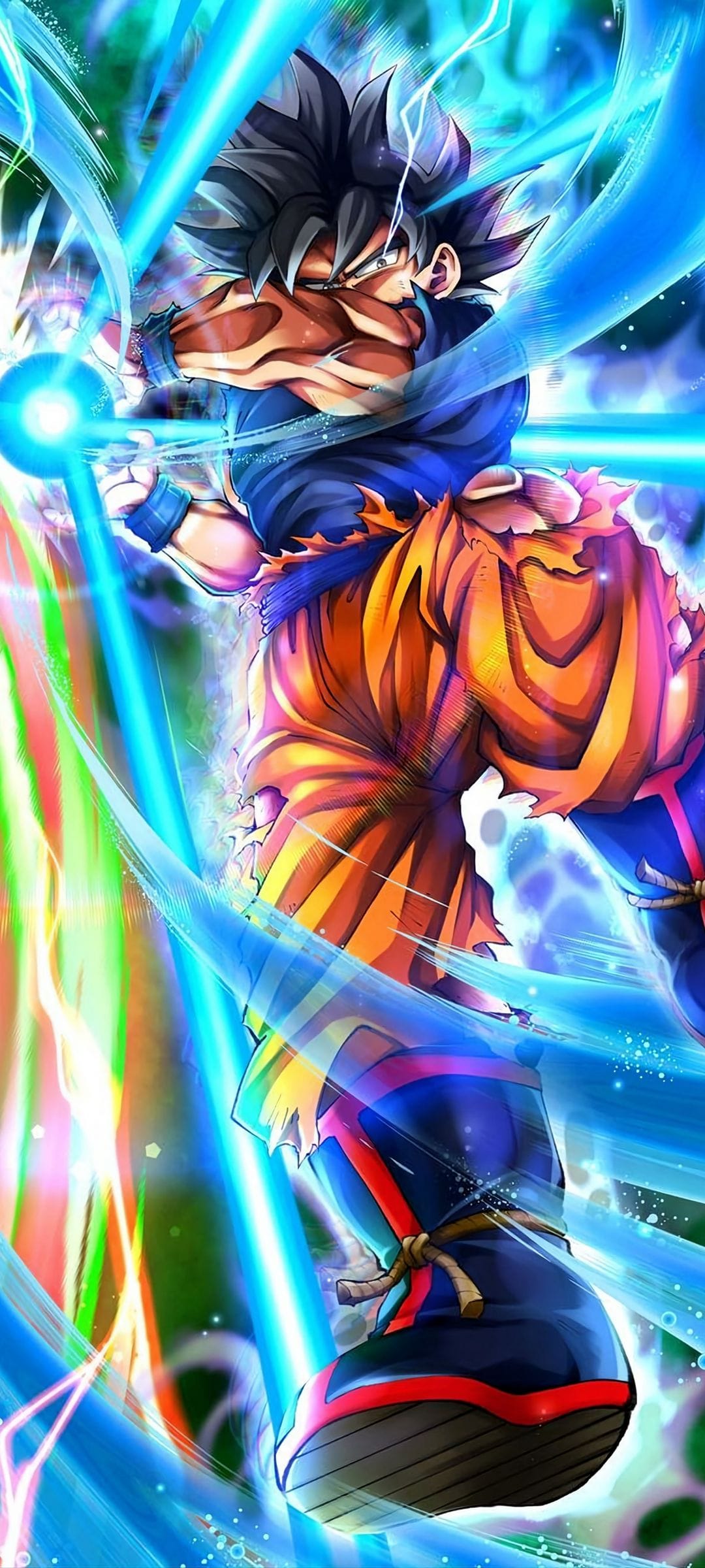 Goku in Ultra Instinct form emits a swirling blue energy blast with glowing white hair and a focused expression.
