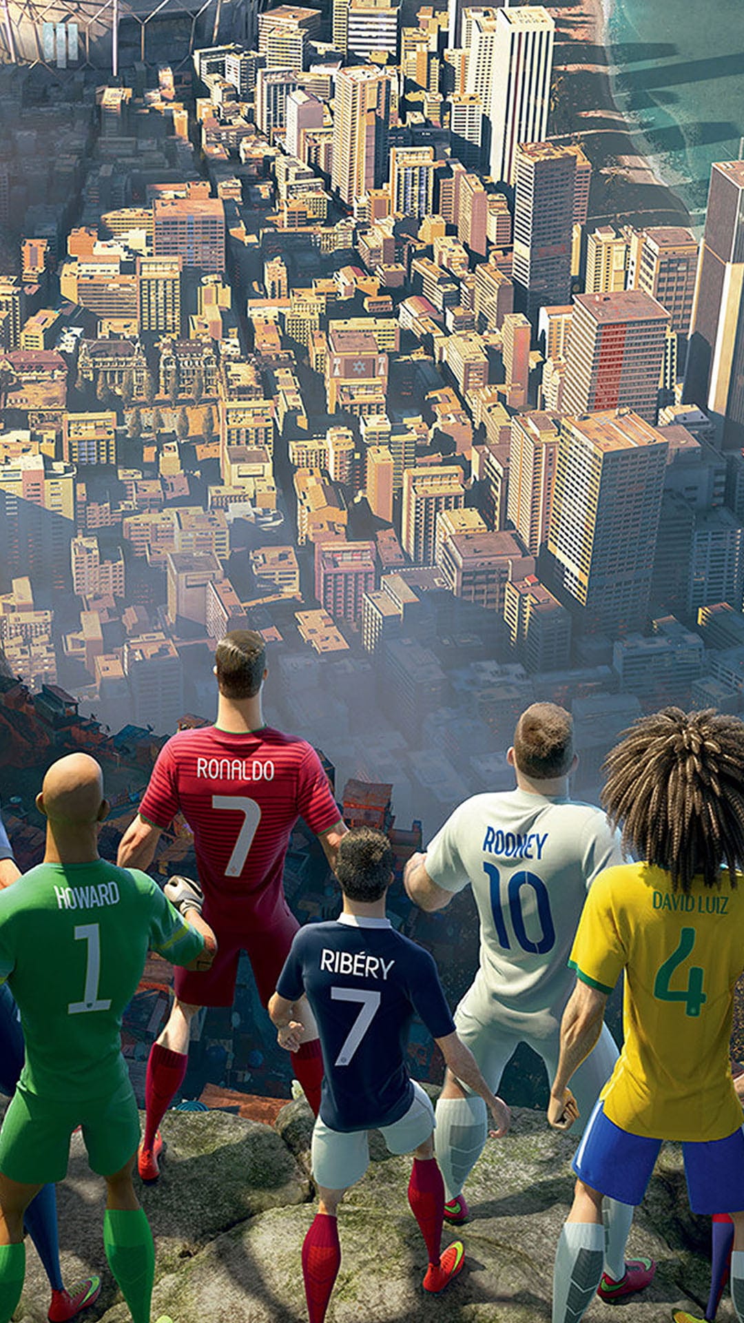 Cristiano Ronaldo and football stars overlook a vast metropolis from a high balcony in this vertical backdrop.