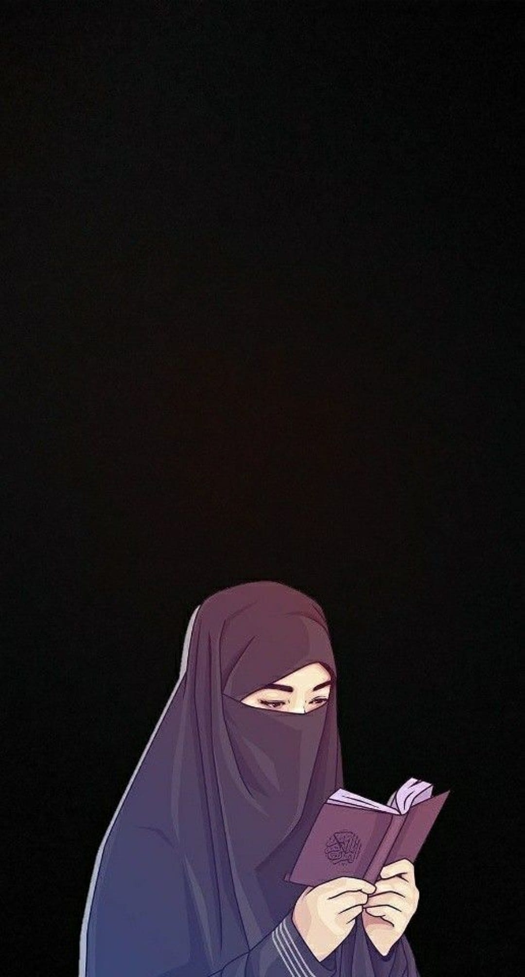 Muslim woman wearing a niqab and hijab reads an open holy book against a dark, minimalist background.