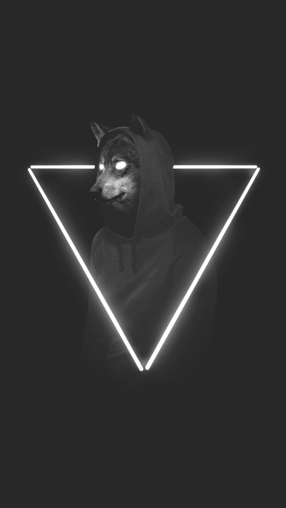 Wolf head with glowing eyes on a hooded figure inside a white triangle frame against a solid black background.