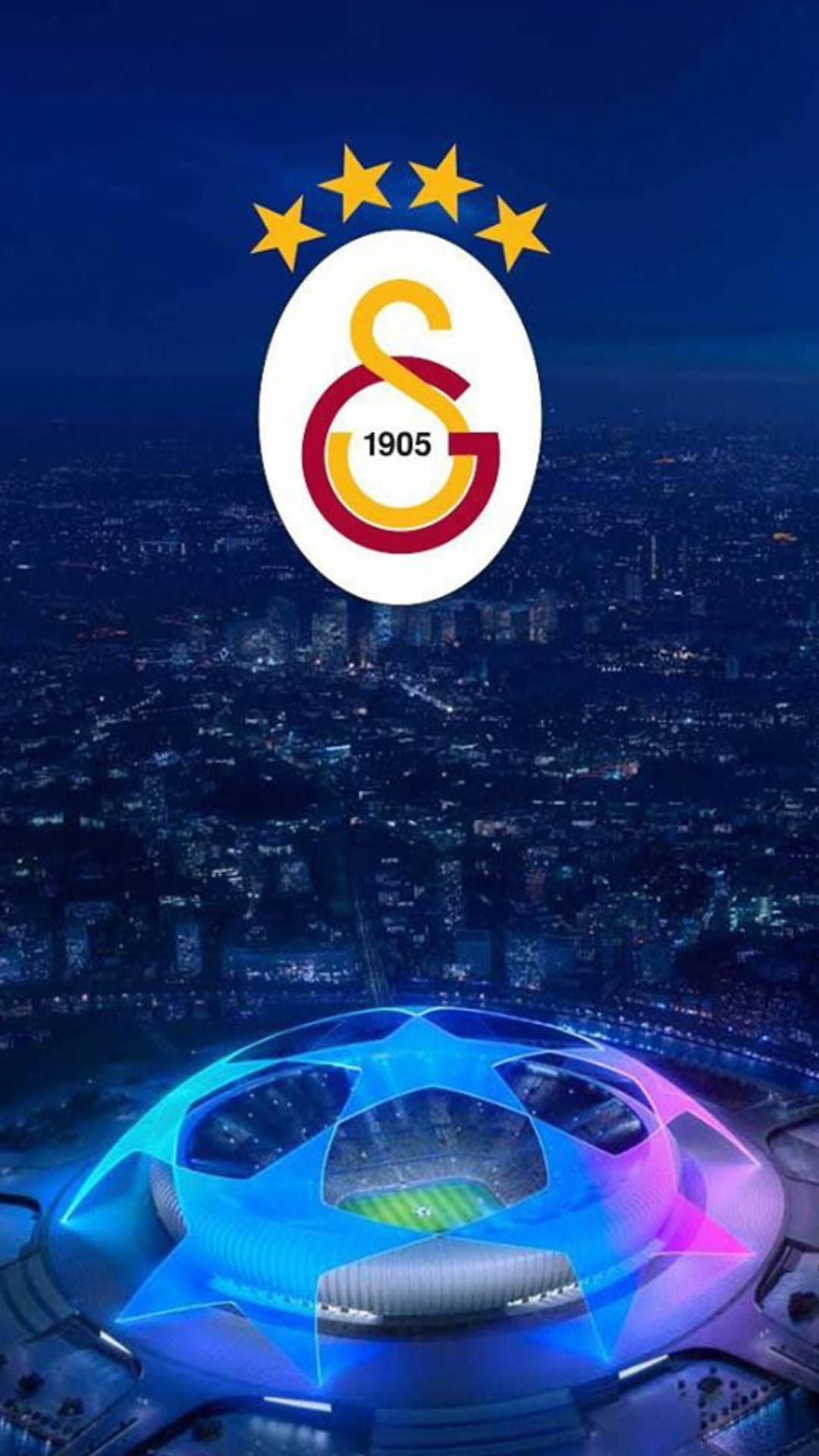 Galatasaray logo floats above a luminous purple and blue football stadium under a dark evening city sky.