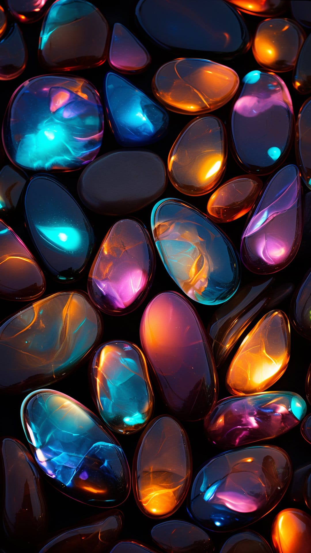 Translucent glass pebbles emit vibrant blue and pink neon light while resting against a dark, shadowy background.