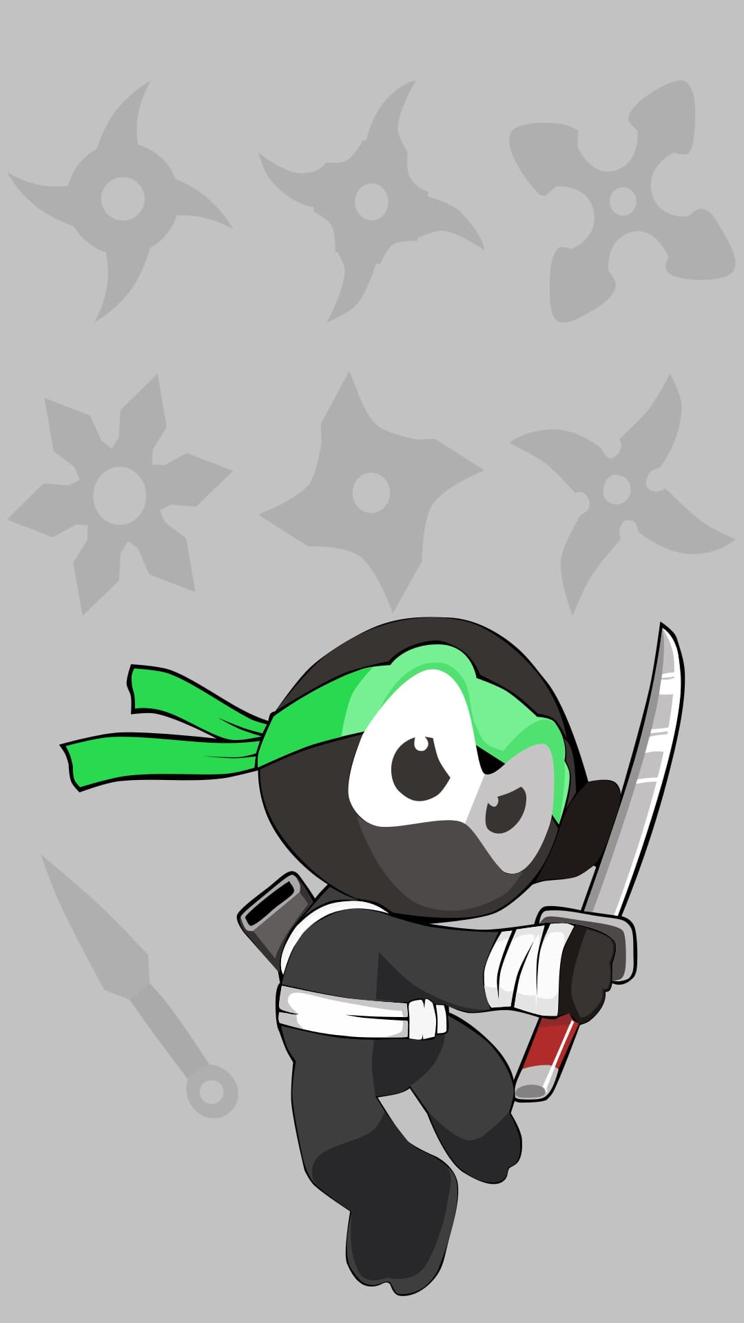 Chibi ninja in a black suit and green headband holds a sword surrounded by floating shuriken throwing stars.