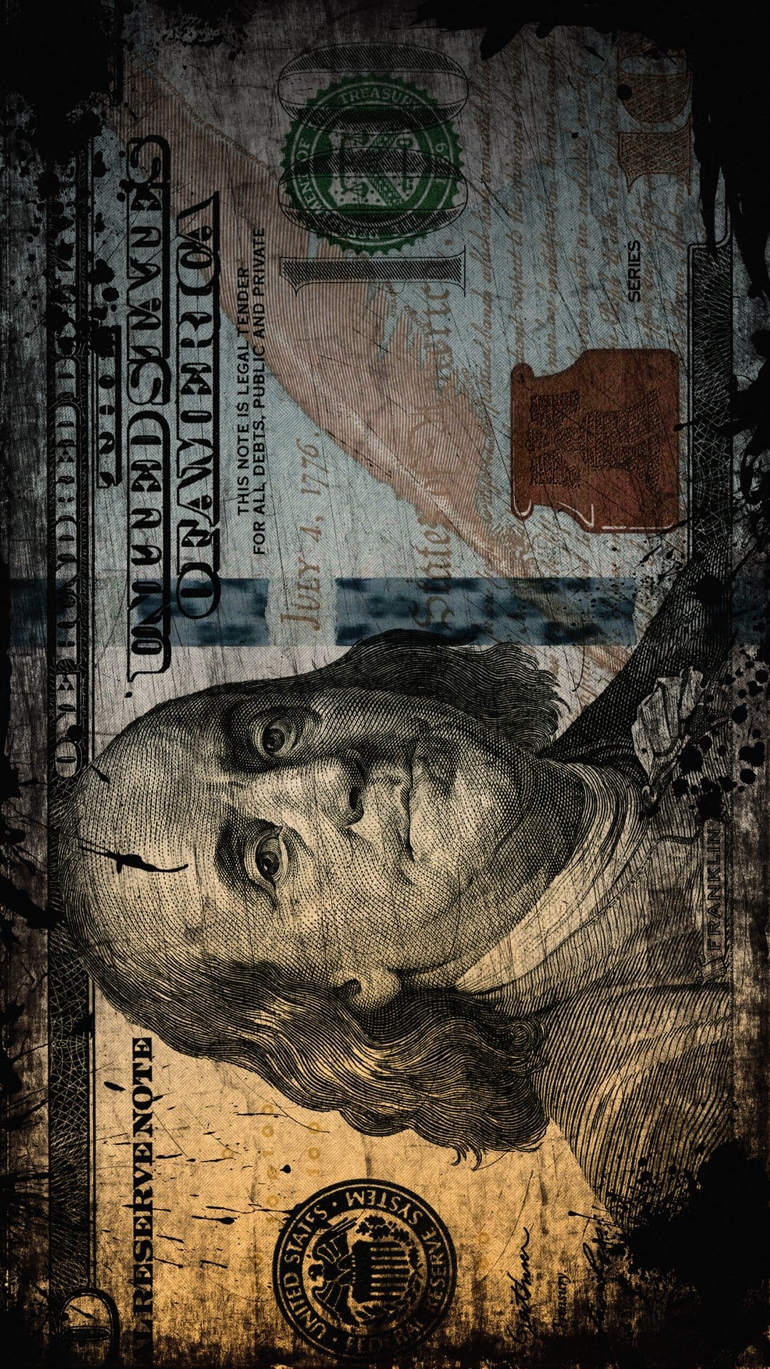 Benjamin Franklin portrait from a hundred dollar bill with heavy weathered textures and dark moody shadows.