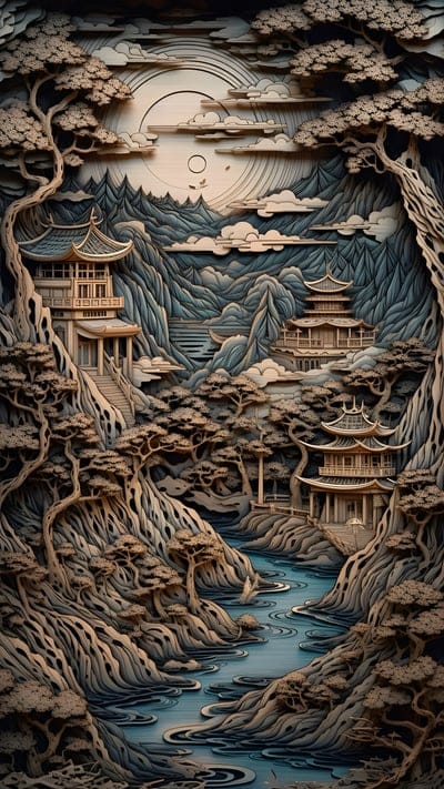 pagodas,cliff,trees,river,art
