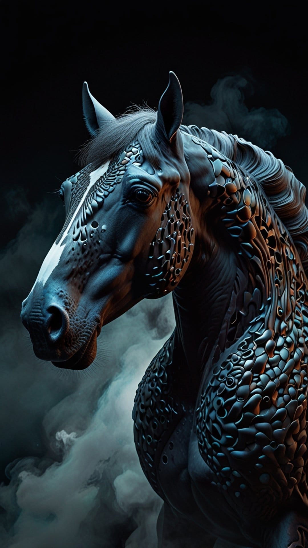 Armored horse with a white face blaze and ornate scales stands centered within a dark, hazy environment.