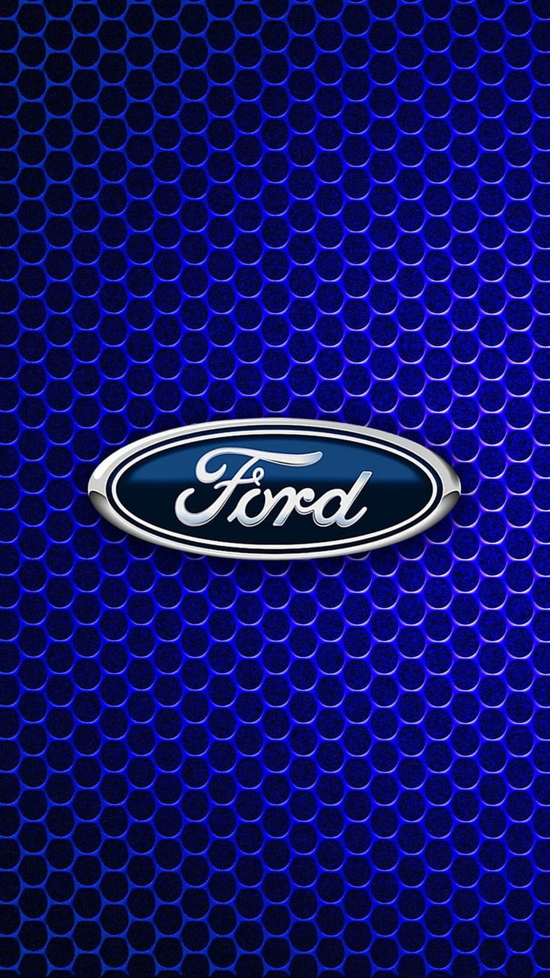 Ford logo with chrome trim and blue center on a hexagonal textured mesh background with depth and shadows.