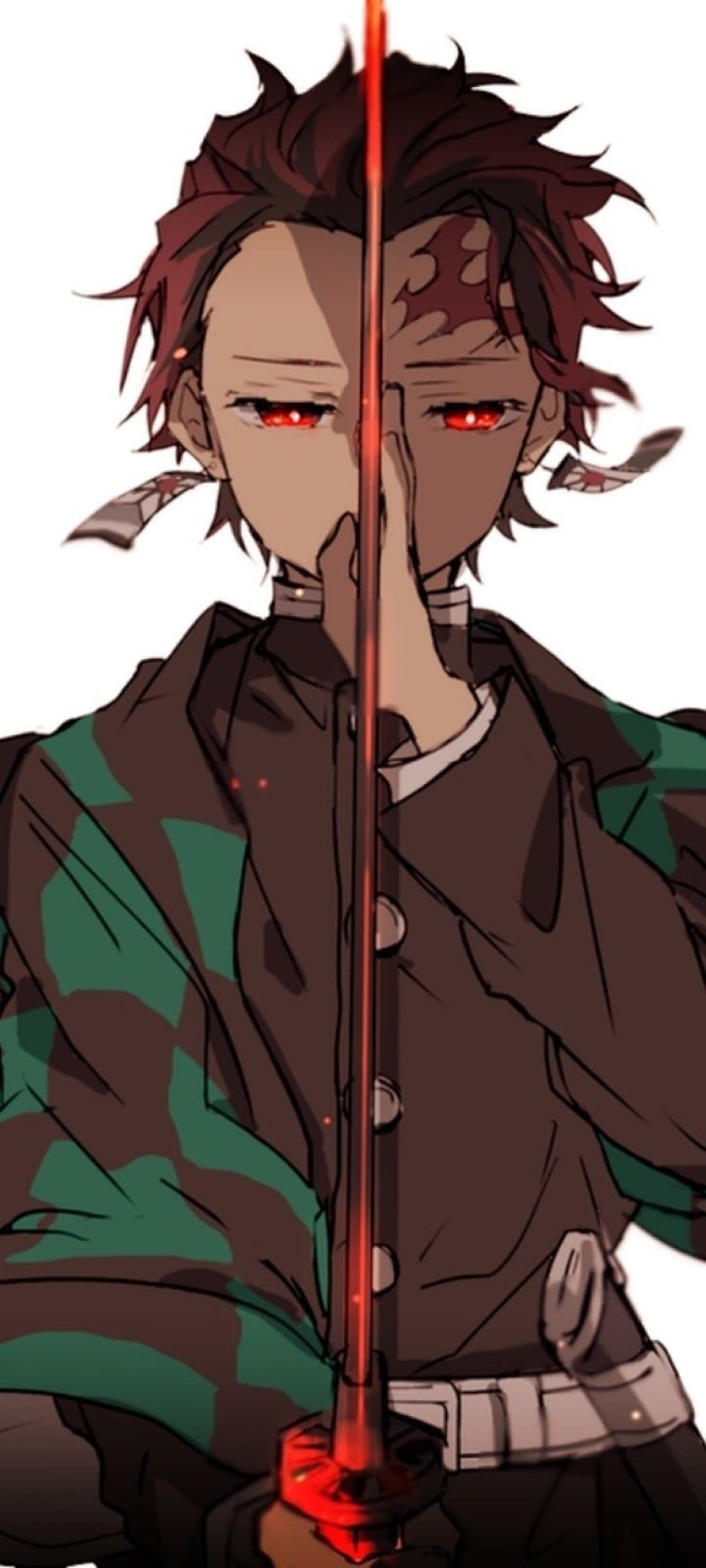 Tanjiro Kamado staring intensely with glowing red eyes while holding a fiery katana in a vertical portrait.