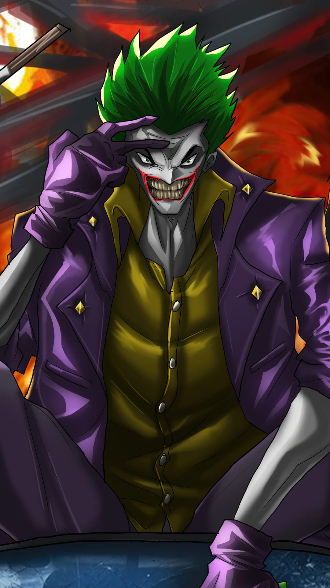 Joker with green hair and a purple suit grins menacingly against a background of orange flames and sparks.